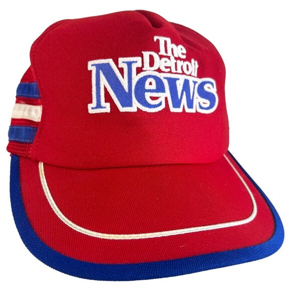 Vintage The Detroit News Trucker Hat 3 Stripe Mesh Snapback Cap USA Red Blue - Picture 1 of 6
